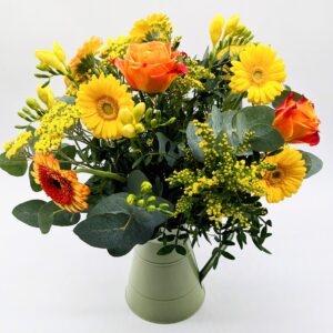 Sensory Bouquet, bouquet of flowers including bright yellow Gerber's, orange roses and mixed greenery