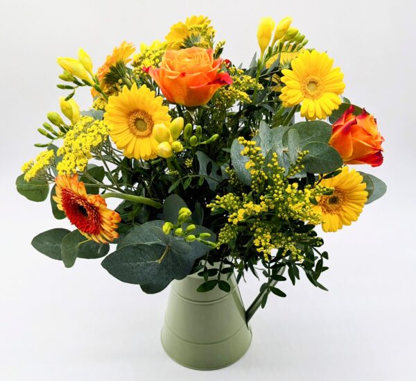 Sensory Bouquet, bouquet of flowers including bright yellow Gerber's, orange roses and mixed greenery