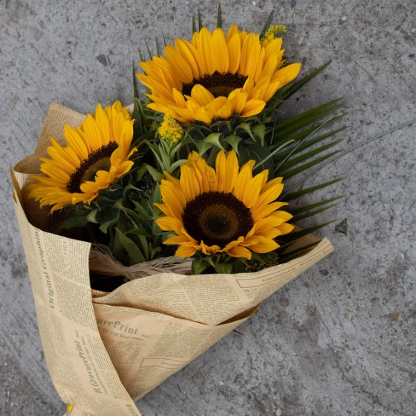 sunflowers in brown paper bouquet